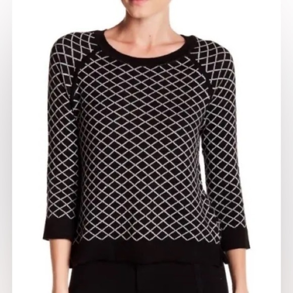 Philosophy Republic Black White Diamond Argyle Knit Sweater 3/4 Sleeve Size Med - Picture 1 of 9